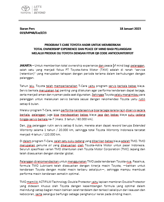 PROGRAM T-CARE TOYOTA HADIR UNTUK MEMBERIKAN TOTAL OWNERSHIP EXPERIENCE